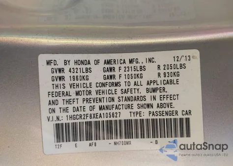 2014 Honda Accord Ex-L z USA, uszkodzony, nr VIN 1HGCR2F8XEA105627